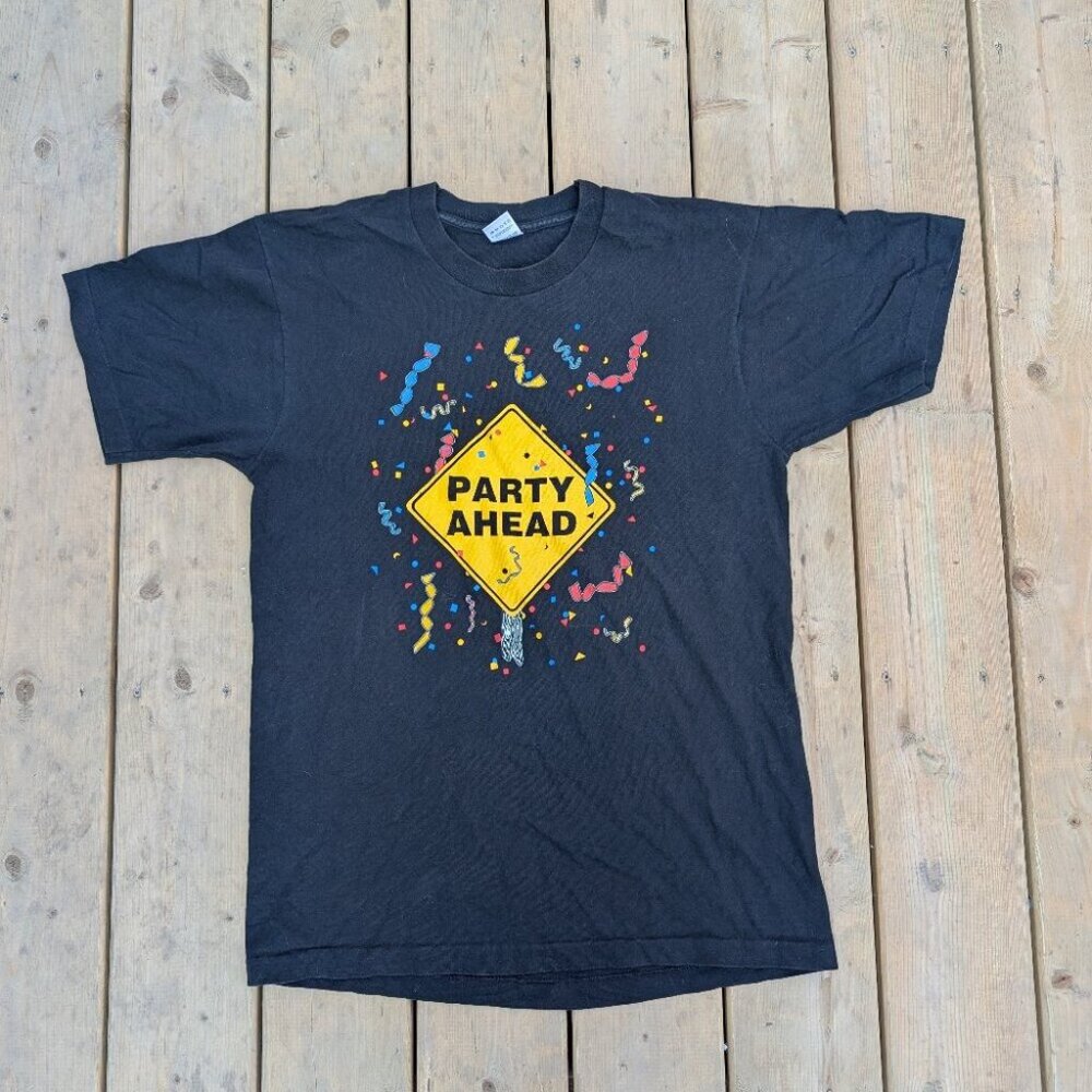 Vintage 90s Fruit of the Loom T-Shirt Men L Black Party Ahead Single Stitch Sz L